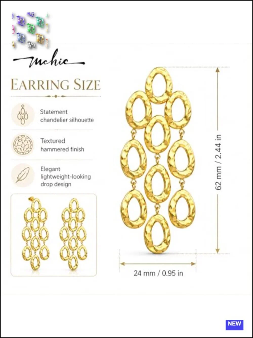 18K Gold Plated Statement Hammered Chandelier Dangle Earrings, Long Drop